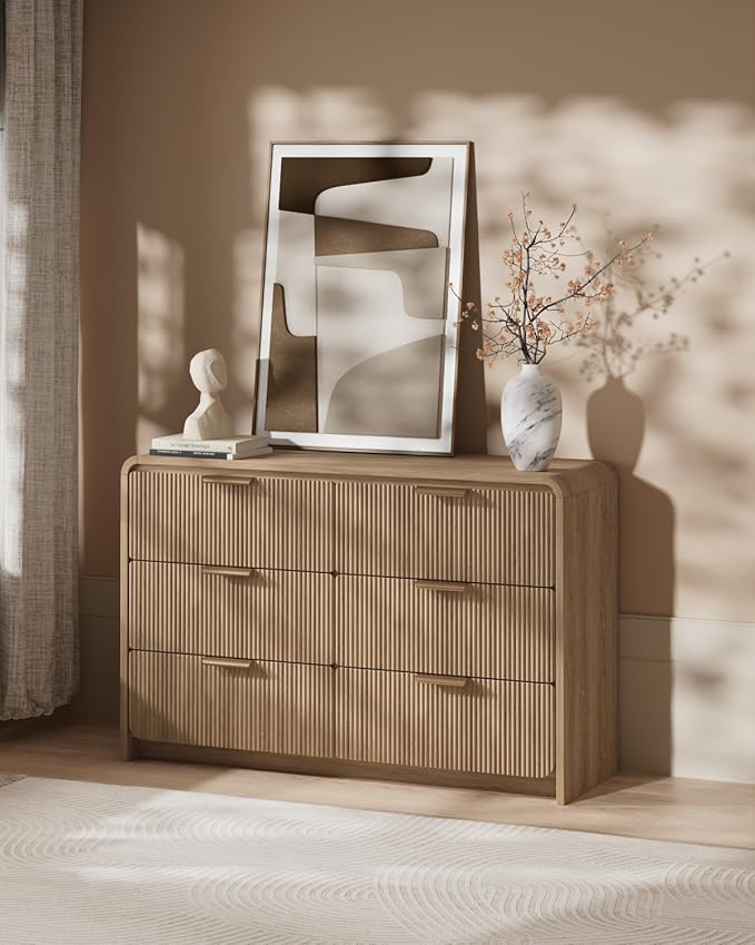 47" Wide Fluted 6 Drawer Dresser for Bedroom, Chest of Drawers with Curved Profile Design, Mid-Century Wood Closet Clothes Storage Organizer for Bedroom, Living Room, Hallway, Walnut