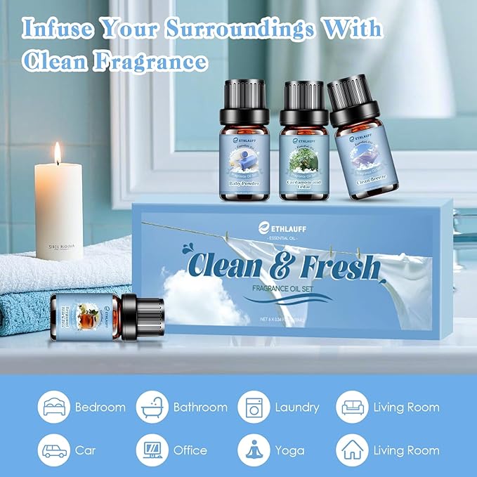Clean Essential Oils Set, Laundry Collection Essential Oils Set, Pack of 6 Fragrance Oil for Diffuser for Home, Use with Wool Dryer Balls Scents - Fresh Linen, Clean Breeze, Eucalyptus and Cotton