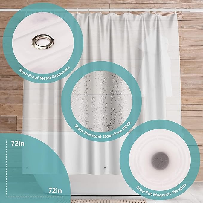 BigFoot Shower Curtain Liner – 72 x 84 PEVA Premium Shower Curtain with Rustproof Metal Grommet and 3 Magnetic Weights – Odor Free and Compatible with Standard Showers, Clear