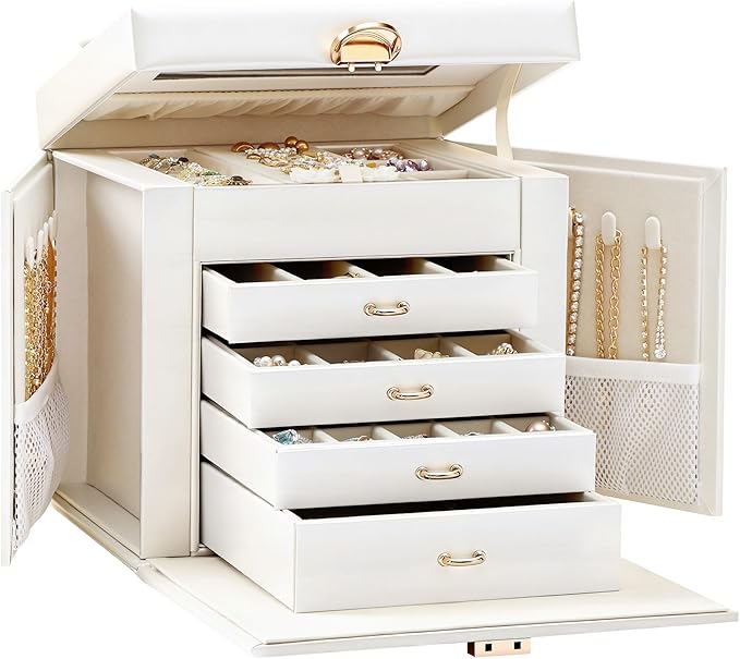 EnHomee Jewelry Box for Women, 5-Layer Large Jewelry Organizer with Mirror & 4 Drawers for Rings, Earrings, Necklaces, Bracelet Lockable Case with Lock (White + Gold)