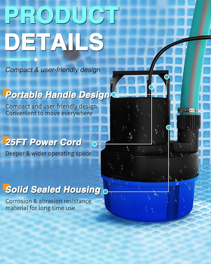 Submersible Sump Pump, 1HP 3200GPH Portable Water Pump Clean Dirty Water, Utility Pump with 25 FT Cord for Swimming Pool, Boats, Garden, Basement, Flood, Ponds