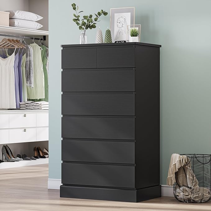DICTAC Black Tall Dresser for Bedroom with 7 Drawers, 51.8" Tall Dressers & Chests of Drawers, Modern Wood Closet Organizer and Storage Cabinet, Large Vertical Dresser for Bedroom, Closet, Hallway
