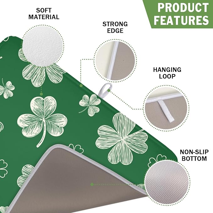 ABSOP St Patrick's Day Dish Drying Mat 16 x 18 Inch Green Shamrock Dish Drainer Rack Mat Absorbent Microfiber Mats for Spring Lucky Clovers Dish Pad for Kitchen Coffee Bar Decor