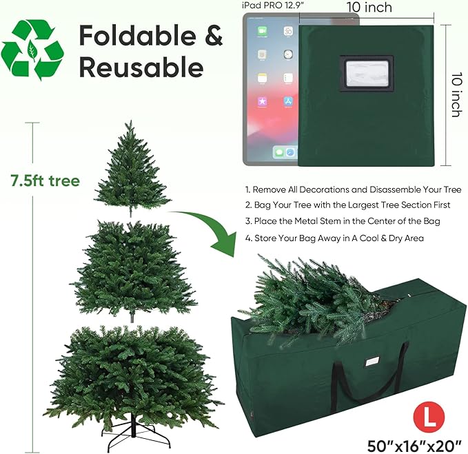 BALEINE 7.5 ft Extra Large Christmas Tree Storage Bag With Reinforced Handles and Dual Zippers for Wide Opening (Green)