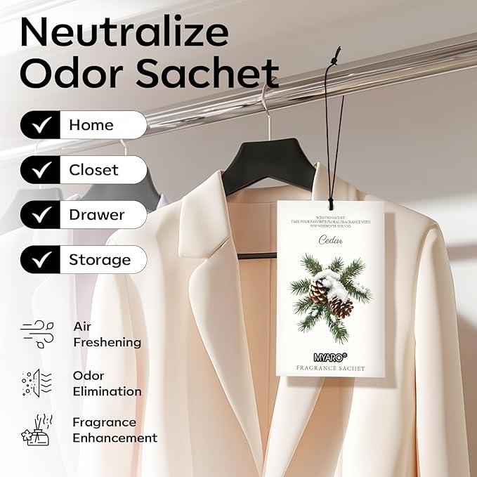 MYARO 12 Packs Cedar Scented Sachets for Drawer and Closet, Fresh Scents Drawer Deodorizers Long Lasting Air Freshener for Home Car House Fragrance