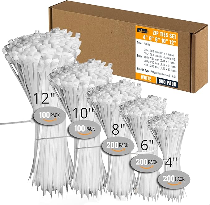 ALBO White Zip Ties Assorted Sizes 800 Pack 4+6+8+10+12 inch Plastic Cable Ties Wire Tie UV Resistant Nylon Tie Wraps Assorted Sizes