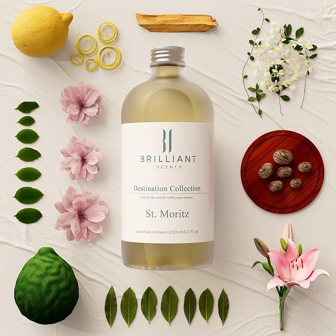 Brilliant Scents St. Moritz Fragrance Oil 200ml - Premium Diffuser Oil for Home, Office, Hotels - Long Lasting, Plant-Based, Meets IFRA Standards, USA-Made - Lemongrass, Magnolia, Koa Wood