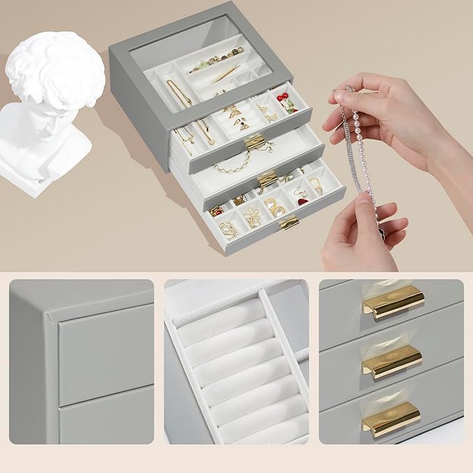 Jewelry Box Organizer with 3 Drawers,Glass Lid Jewelry Boxes for Women,Jewelry Storage for Rings,Necklaces,Earrings,Bracelets,Interesting Gift,Gray