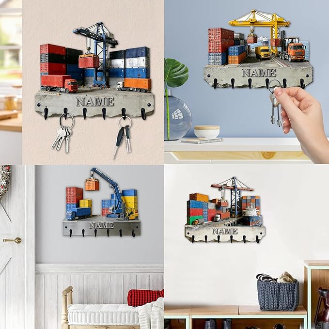 Personalized Wooden 2D Flat Print Container Truck Themed Wall Hooks for Living Room Hallway Office Custom Name Container Crane Coat Rack Port Transportation Key Storage Holder for Women Men Friends