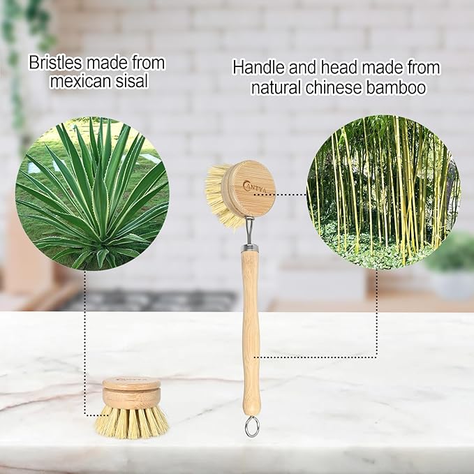 Bamboo Dish Brush with Handle 4 Replacement Heads, Eco-Friendly Potato Scrubber Brush, Compostable & Sustainable, Bamboo Dish Scrubber for Cleaning Kitchen Utensils(Soft Bristles)
