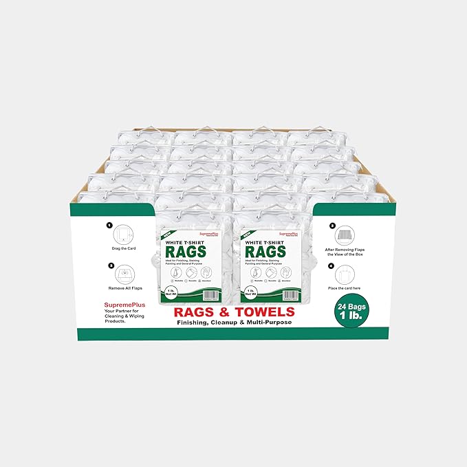 Premium White T-Shirt Cleaning Rags (1 lb. Bag - Pack of 24) – White Cotton Rags for Cleaning, Staining, Painting, Oil, Grease & Dust Removal – Shop Rags Bulk for Multipurpose use