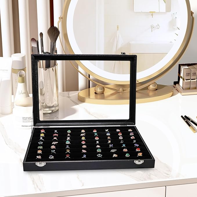 Wudygirl 7 Slots Ring Holder Organizer Box with Transparent Lid Black Jewelry Organizer for Store Display Jewelry Holder for Rings（Ring Organizer）