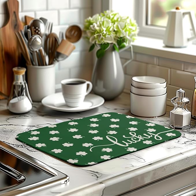 Wnoesat St Patrick Shamrock Drying Mat for Kitchen Counter Green White Lucky Clover Drying Dish Mat St Patricks Day Absorbent Microfiber Dish Drying Pad Reusable Dry Mat 16 x 18 Inch