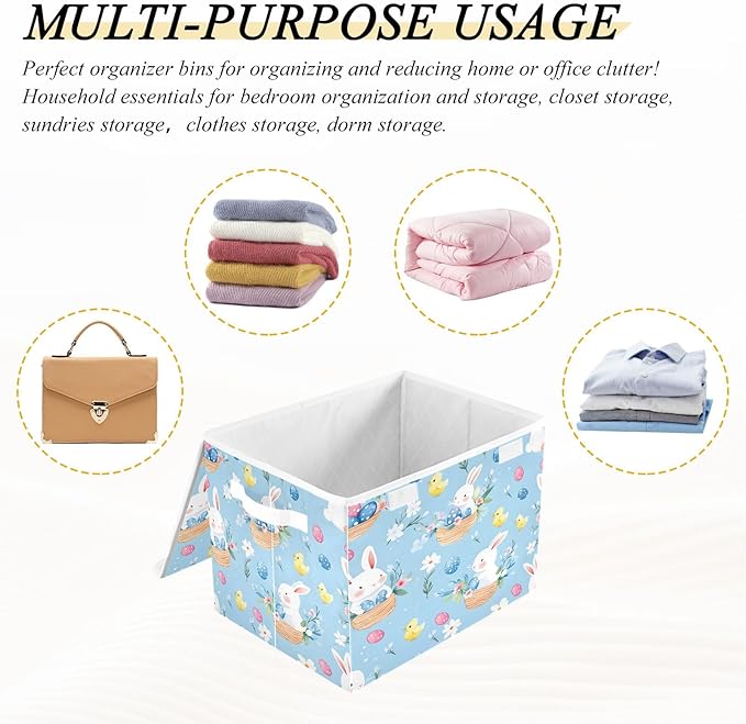 Bolaz Cute Bunny Easter Egg Pattern Storage Bins with Lids and Handles, Storage Box Basket with Cover Collapsible Organizer Containers for Home Closet, Shelves