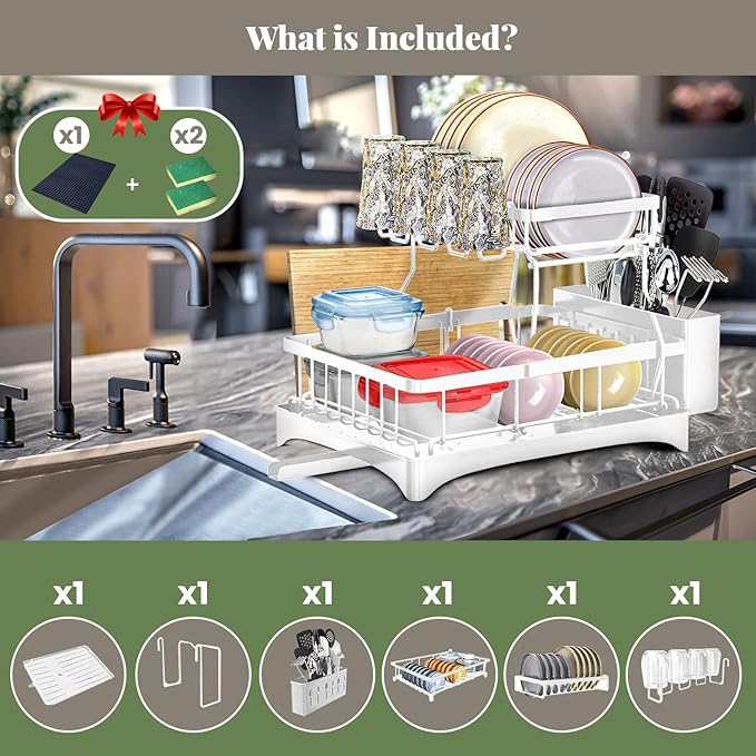 DINEST 2 Tier Dish Drying Rack with Drainboard – Rust Resistant Iron Kitchen Dish Rack with 270° Rotating Spout, Utensil & Plate Holders – Compact Drying Rack for Kitchen Counter - White