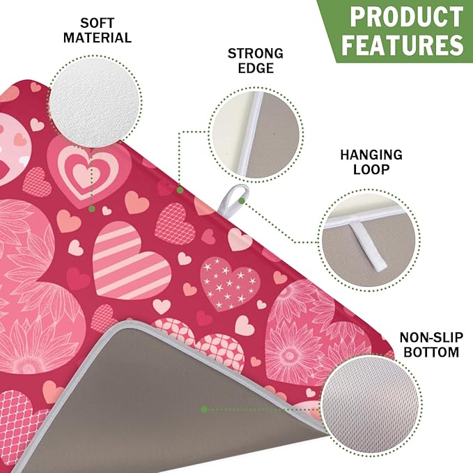 ABSOP Valentine's Day Dish Drying Mat 16 x 18 Inch Heart Shaped Pattern Dish Drying Pad Absorbent Microfiber Mats for Red Dish Rack Pad for Kitchen Counter Coffee Bar Decor