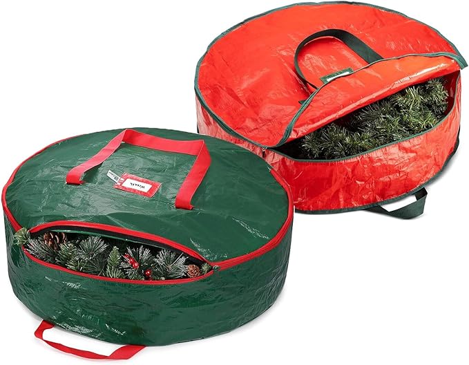 Christmas Wreath Storage Bag 24 Inch - 2 Pack Christmas Wreath Garland Storage Container with Dual Zipper & Handles, Wreath Storage Organizer Box Protect Xmas Ornaments Party Decorations