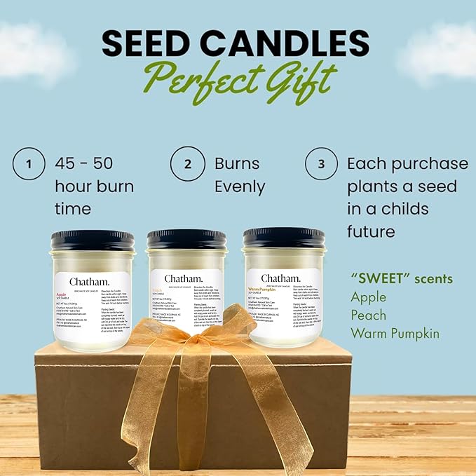 Chatham Natural 3-Pack 6 oz Seed Candles in Glass with Lid - Home Scented Soy Wax Candles with Natural Cotton Wicks - No Waste Reusable Glass Jars - Home Decor Candle Gift Set