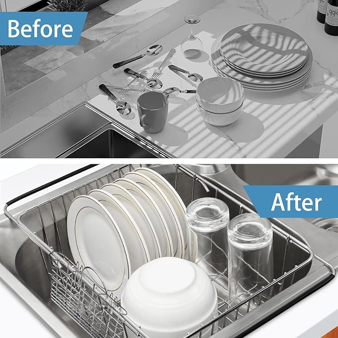 BTLATHA 304 Stainless Steel Drying Rack, Expandable, Adjustable Inside The Sink (up to 9 Upright Utensils)