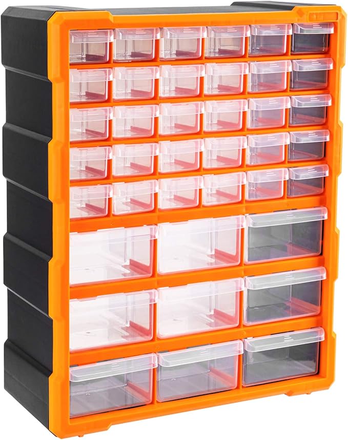 Amazon Basics Wall Mount Hardware and Craft Storage Cabinet Drawer Organizer 39 Drawers, Black, Orange, 15 L x 6.3 W x 18.6 H inches (LxWxH)