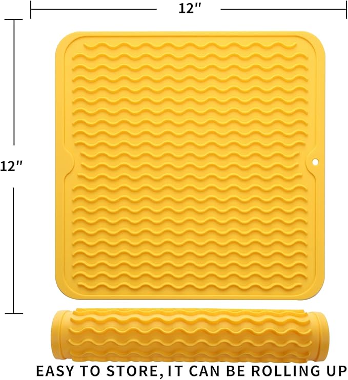 MicoYang Silicone Dish Drying Mat for Multiple Usage,Easy clean,Eco-friendly,Heat-resistant Silicone Mat for Kitchen Counter or Sink,Refrigerator or Drawer liner Yellow M 12 inches x 12 inches