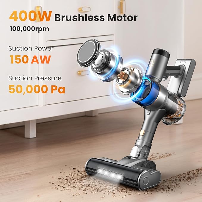 Dzaki S9X Vacuum Cleaners for Home,400W 50KPa Cordless Stick Vacuum Cleaner,Up to 55 Mins Runtime,Smart Induction Auto-Adjustment,Rechargeable Battery Vacuum Cordless for Carpet Floor Pet Hair(Gray)