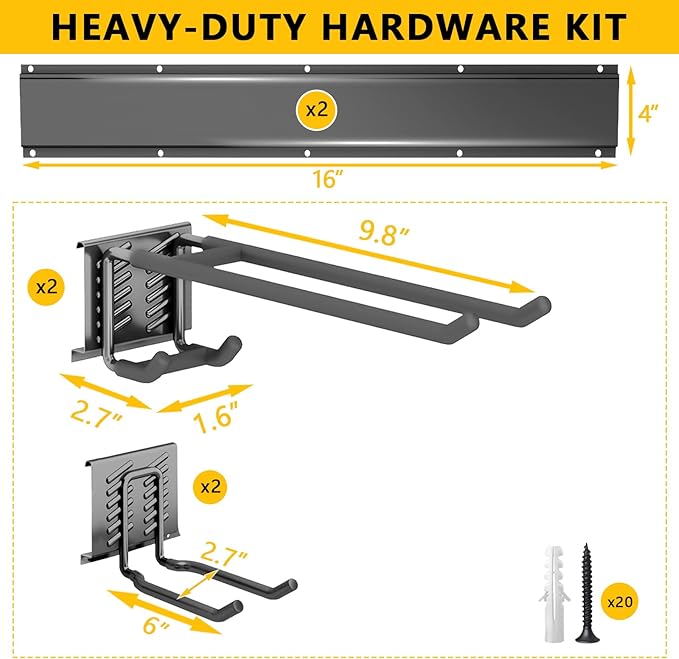 Tebgeag Garage Tool Organizer Wall Mount, 32inch Heavy-Duty Garage Storage System and Garden Tool Organizer with 4 Adjustable Hooks for Shovel, Snowboard, Yard Tools and Shed