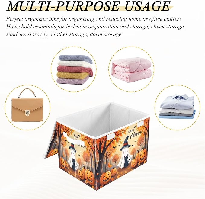 Bolaz Storage Bins with Lids and Handles,Maple Leaves Ghost Pumpkin Storage Box Basket with Cover Collapsible Organizer Containers for Home Closet, Shelves