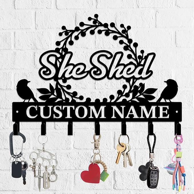 Personalized She Shed Metal Keys Hooks,Custom Name Metal She Shed Keys Hooks,Black Metal She Shed Wall Home Storage Decorative Keys Hooks,Key Holder Hooks for Wall (Style D)