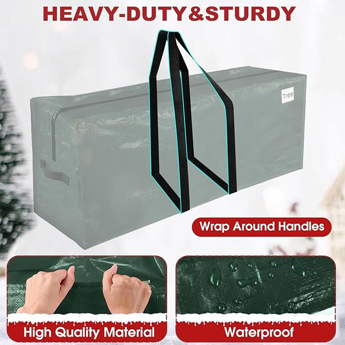 Christmas Tree Storage Bag, Christmas Tree Bag Fits Up to 9 Ft Artificial Xmas Trees, Heavy Duty Material, Waterproof & Dual Zippers Christmas Tree Box for Trees, Decorations (Green)