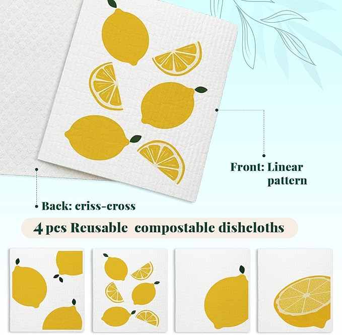 LARTSFRO Swedish Dishcloths for Kitchen, Papaya Reusable Paper Towels Washable, Lemon Summer Swedish DishCloths for Friut, 4 Pack Dish Towels for Kitchen, No Odor Cleaning Cloths