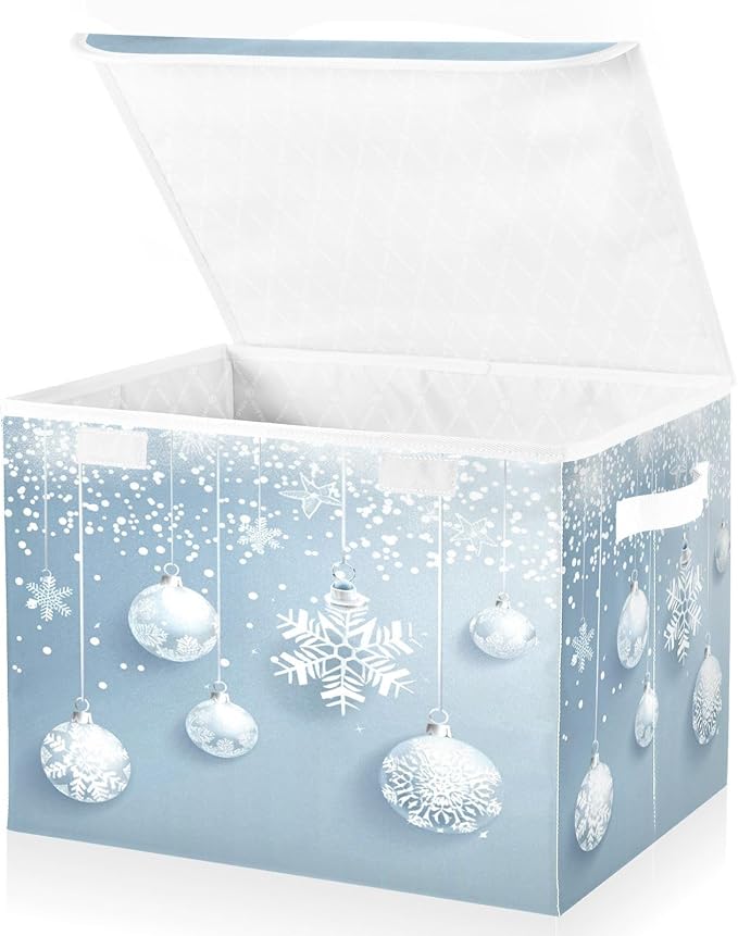 senya Christmas Baskets Collapsible Storage Bins with Lids, Christmas Balls White Snowflakes Storage Boxes Clothes Baskets for Organizing