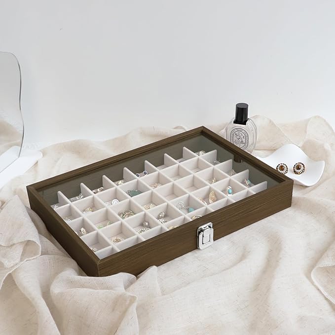 Wudygirl Wooden Jewelry Box 40 Grid Jewelry Organizer Jewelry Tray with Lid Vintage Earring Holder Organizer Jewelry Display for Rings Earrings Bracelets Adjustable Divider (Beige 40 Grid)