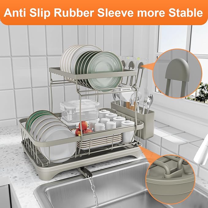 HOMEBOSILY Dish Drying Rack for Kitchen Counter,Two-Tier Dish Rack with Utensil Holder, Auto-Draining Dish Racks, Large Capacity Dish Drainer Organizer for Plates, Bowls, Cups with Drainboard Grey