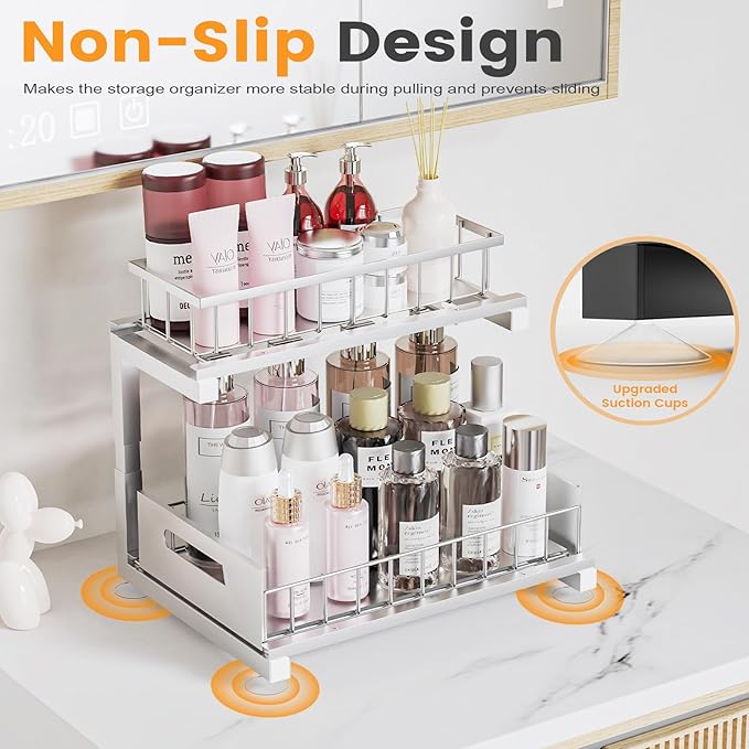 Toyear Under Sink Organizer, Heavy Duty Metal Pull Out Cabinet Organizer Slide Out Sink Shelf Organizer Height Adjustable, Multi-Purpose Storage Shelf for Kitchen Bathroom(Sliver,2Pack)
