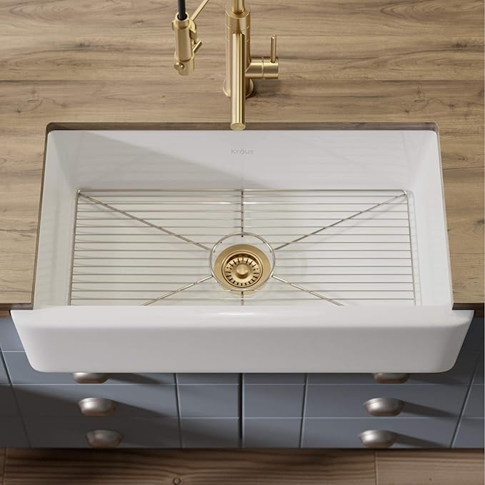 KRAUS KFR1-33GWH Turino Reversible 33-inch Fireclay Farmhouse Flat Apron Front Single Bowl Kitchen Sink with Bottom Grid in Gloss White