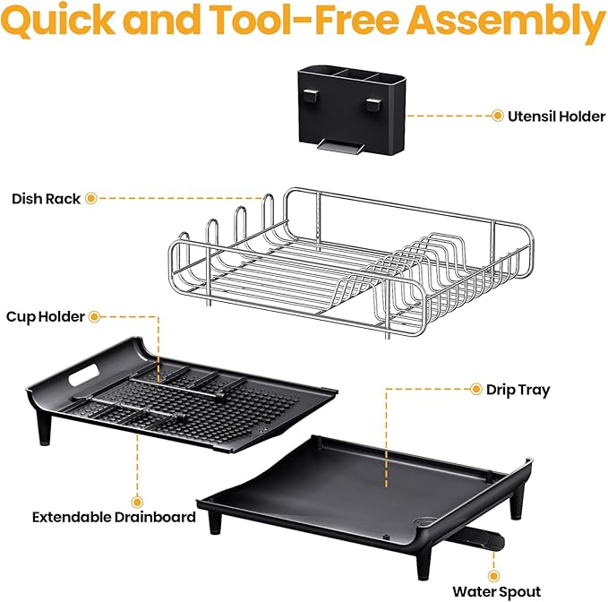 TOOLF Expandable Dish Rack, Dish Drying Rack for Kitchen Counter, Foldable Dish Dryer Rack, Stainless Steel Dish Drainer Racks with Cutlery Holder, Collapsible Dish Drying Racks Large Size,Black