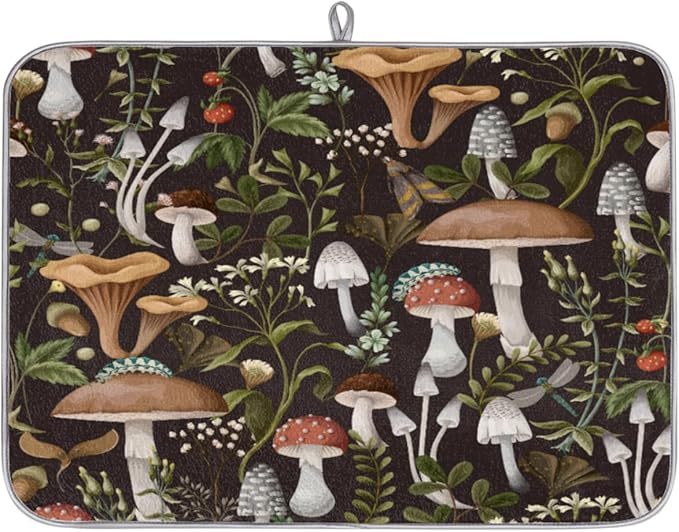 Hexteria Mushroom Dish Drying Mat For Kitchen Counter 18 X 24 Inch, Microfiber Absorbent Dish Drainer Mat for Countertops Protector Pad