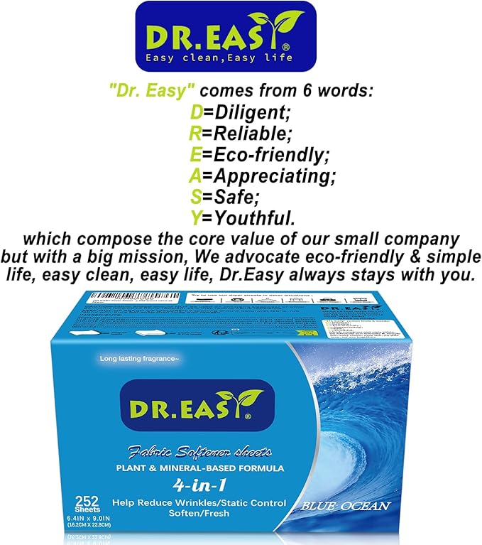DR.EASY Dryer Sheets Plant Based Formula 252 Ct BLUE OCEAN,Softener sheets for Laundry Unscented No Dyes Reduce Static & Wrinkles Help Repel Pet Hair