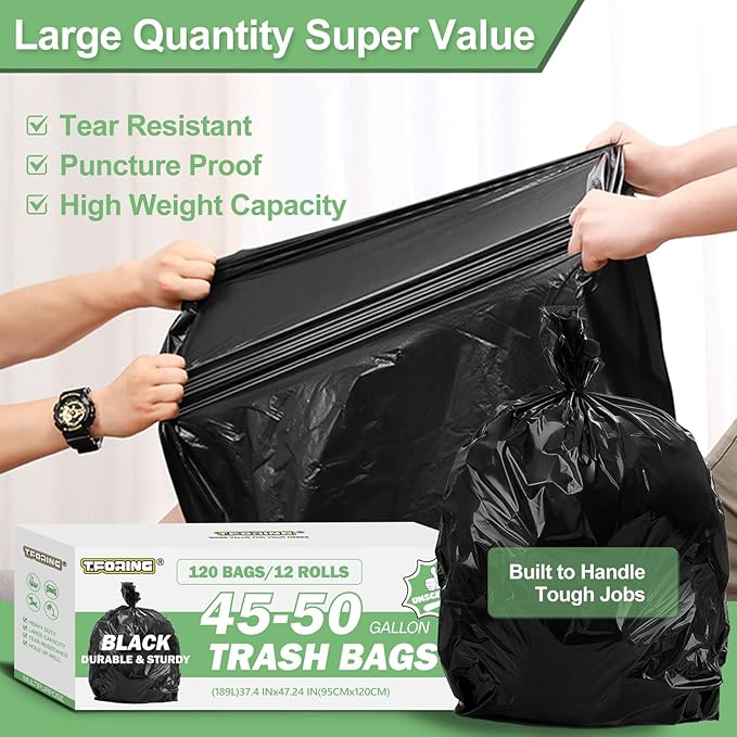 45-50 Gallon Black Trash Bags 120 Count - 38''x47'' Large Garbage Bags Unscented, 40+ Gallon Trash Can Liners, Multipurpose for Office, Outdoor, Yard and Commercial
