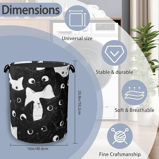 Cute Black Cat Laundry Hamper,Dirty Clothes Laundry Basket with Handles Waterproof Oxford Cloth Storage Basket for College Dorms Bathroom Bedroom 16" x 20.8"