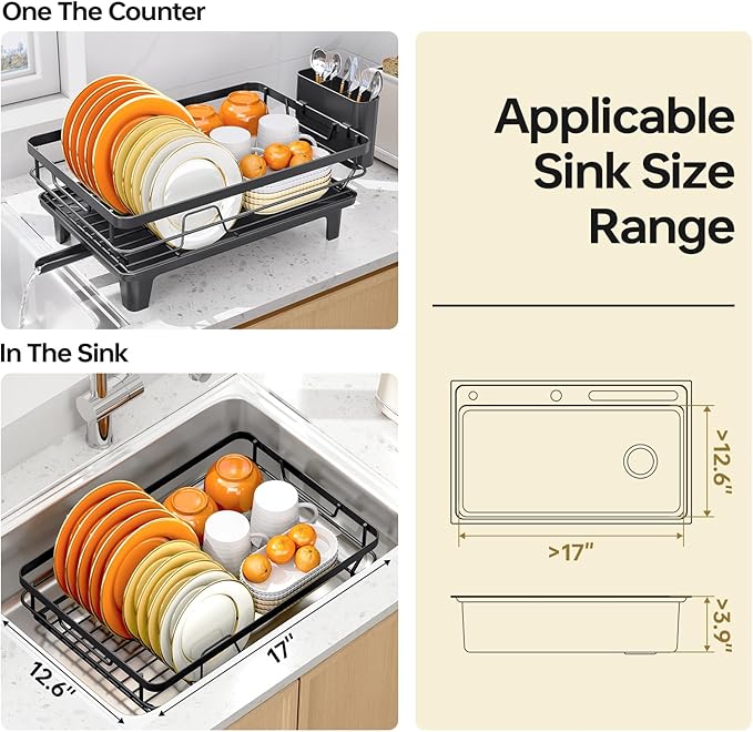 TOOLF Space-Saving Dish Drying Rack, Multifunctional Dish Rack for Kitchen Counter,Sink Dish Drainer Rack, Dishes Strainer with Drain Board & Cutlery Holder, Compact Dryer Rack,Black