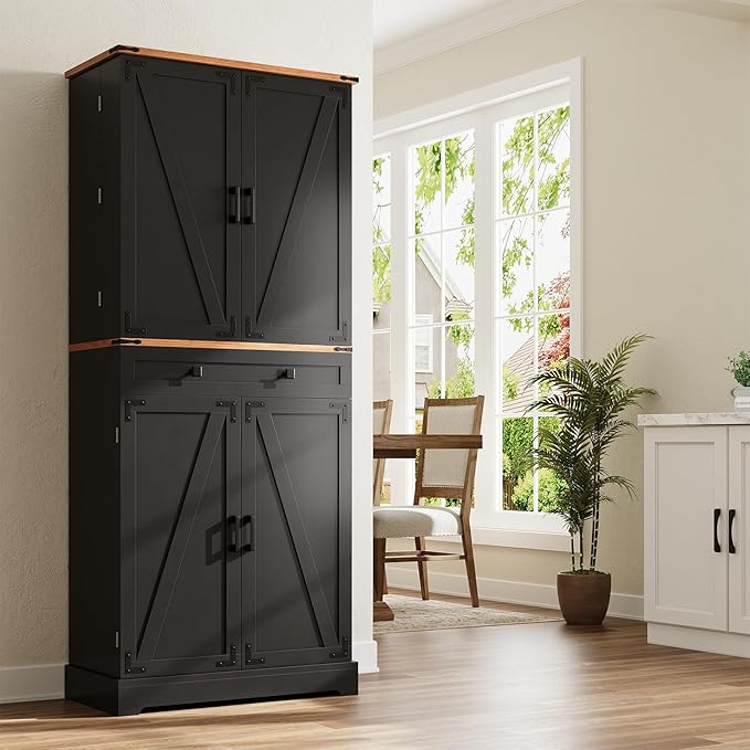 ELYKEN 72" Pantry Cabinet, Black Farmhouse Tall Kitchen Storage Cabinet with Drawer, Sliding Rack & Door Shelf for Spice Snacks Canned, Dining Room Kitchen