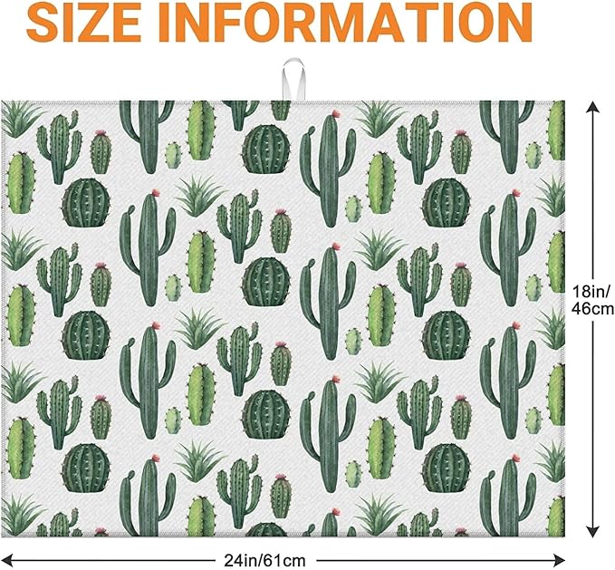 Dish Drying Mat For Kitchen Counter, Green Cute Cactus Microfiber Absorbent Dish Drainer Rack Pad Reusable Large 18x24in Drying Mat