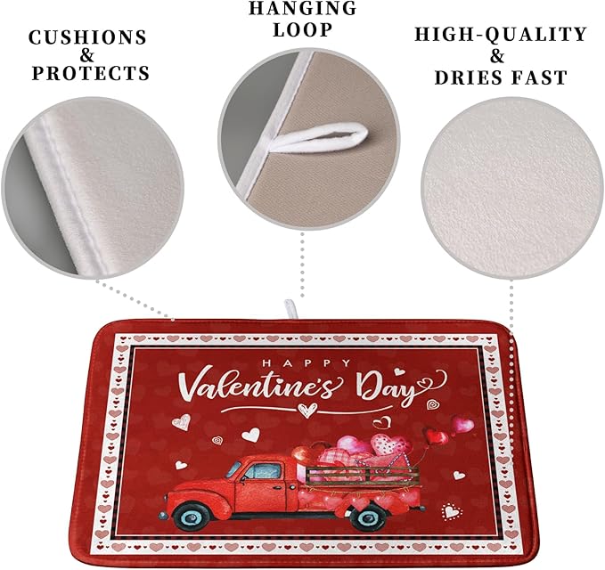 Kwlegh Valentine Red Truck Love Heart Dish Drying Mat 16x18 Inch Happy Valentine's Day Drying Mat for Kitchen Counter Microfiber Dish Drainer Mats Absorbent Dish Rack Pad for Home Coffee Bar Sinks