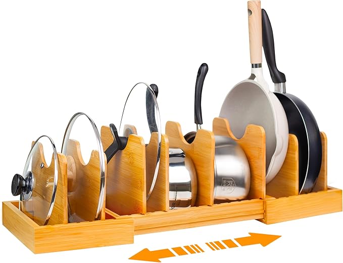 MinBoo Bamboo Expandable Pot Lid Organizer Pot Lid Holder, Pot and Pan Organizer Drawer Organizer for Pot Lids, Adjustable Dividers for Kitchen Cabinet Organizers and Storage,Large