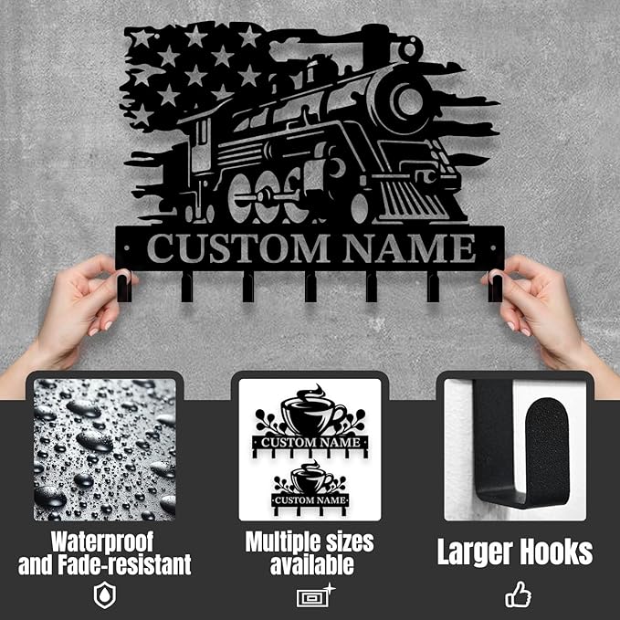 Personalized Train Metal Keys Hooks,Custom Name Metal Train Keys Hooks,Black Metal Train Wall Home Storage Decorative Keys Hooks,Key Holder Hooks for Wall (Style H)