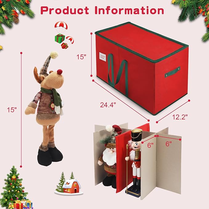Christmas Nutcrackers Storage Box Stores 8 Figurines and Nutcrackers Sized 15 Inches, Holiday Nutcrackers Organizer with Adjustable Dividers, Extra Pockets, 600D Oxford Fabirc, Durable Handle