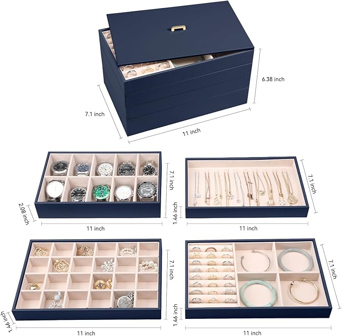 Voova Stackable Jewelry Organizer Tray with Lid, PU Leather Jewelry Storage Holder for Drawer Inserts, Jewellery Display Box Case for Earring Necklace Ring Watch Bracelet (Set of 4, Navy Blue)