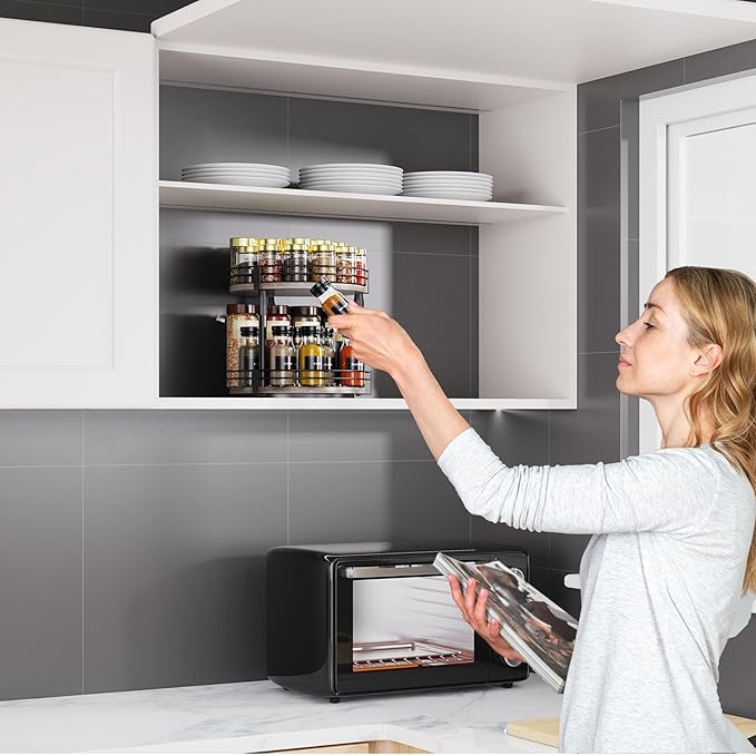 Across-Star Lazy-Susan-Organizer-Spice-Rack, 2-Tier Rotating Spice Organizer For Kitchen-Cabinet-Countertop-Pantry, Turntable Seasoning Holder Storage Shelf With Adjustable Height